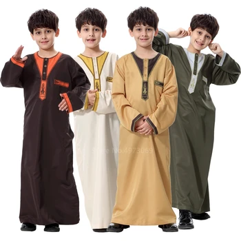 Musulmonų Vaikai Jubba Thobe Kūdikių Berniukų Saudo Arabų Paauglių Šalies Tradicinių Islamo Medžiaga Kratinys Mygtuką Antkaklis Ilgai Skraiste Kafatan