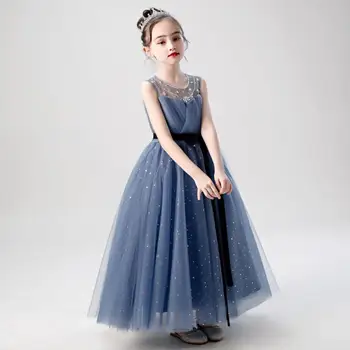 Mėlynos spalvos Nėrinių Perlai China Girl Dress Vestuvėms Inscenizacija Ilga Suknelė Gėlių Mergina Prom Dress Šventosios Komunijos Vaikai Mergina Oficialus Drabužiai