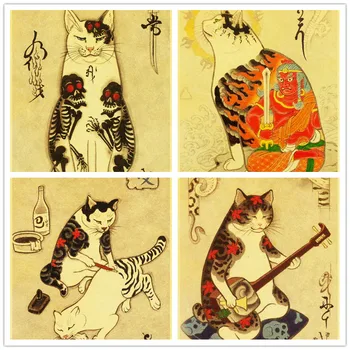 NPMW-301 Japonų samurajus katė tatuiruotė katė retro plakato derliaus sienos menas spausdinti tapyba už kambarį namų dekoro siena lipdukas