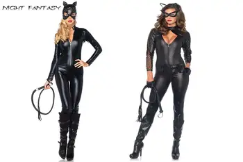 Nauja Stiliaus Moteris Seksuali Catwoman Cosplay Kostiumų PU Odos Catsuit Helovinas Suknelės Šlapias Atrodo Jumpsuit Suaugusiųjų Žaidimas Roleplay Kostiumas
