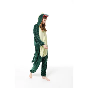 Naujas 2021 Cosplay Flanelė Pižama Onesies Moterims, Vyrams, Žalias Dinozauras Gyvūnų Žiemos Gobtuvu Vientisas Sleepwear Unisex Namų Drabužiai