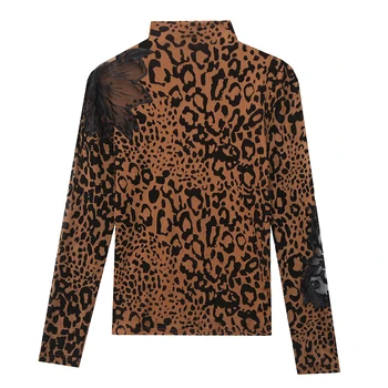Naujas 2021 Leopard Flocking T-Shirt antgaliai, Skirti Moterų Mergaičių Tinklinio Lapų Margumynas Mada Moterims, Drabužiai ilgomis Rankovėmis T0N608A