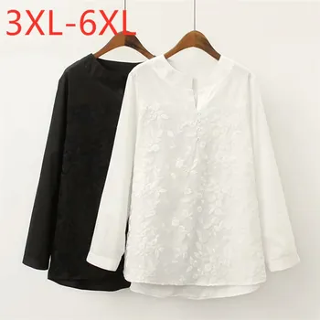 Naujas ponios rudens žiemos plius dydis viršūnes moterų didelės palaidinė ilgomis rankovėmis laisvus medvilninius siuvinėjimo nėrinių marškinėliai 3XL 4XL 5XL 6XL