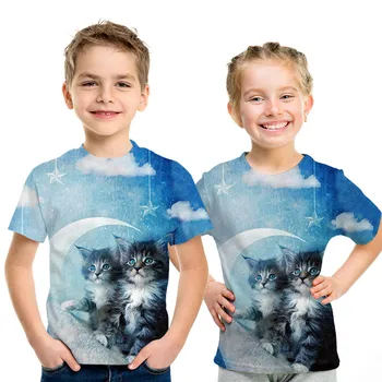 Nd mados džinsus kankina spalva gyvūnų kačių vaikai marškinėliai vasaros 3D atspausdintas cute kačių berniukas mergaitė round-collar 4t-14t vaikai Marškinėlius