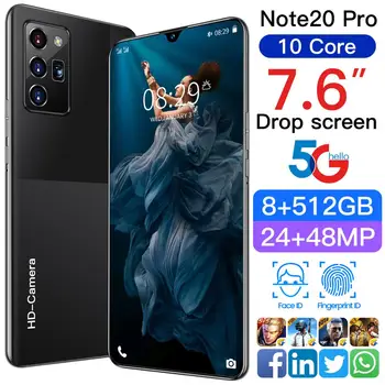 Note20 pro 7.6 Colių Didelis Ekranas Smart Phone 8 GB+512 GB Andriod 10 Išmanųjį telefoną MTK6889 10 Core 5G Tinklo Mobiliojo Telefono Celular