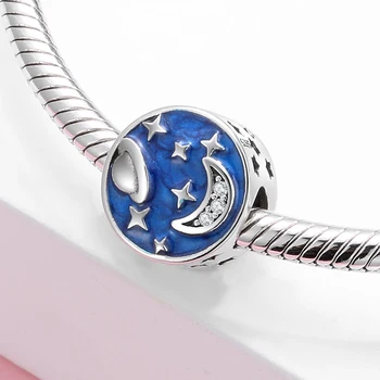 Paslaptingas visatos Žvaigždė mėnesį, Mėlynos spalvos Emaliu padengtas 925 Sterlingas Sidabro Karoliukai Tinka Originalios Mikiwuu Žavesio Apyrankės Papuošalai padaryti dovana