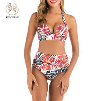 Peachtan Seksualus lapų spausdinimo bikini nustatyti 2020 m. Trikampis push up maudymosi kostiumėlį moteris Apynasrio maudymosi kostiumėliai moterims Aukšto juosmens maudymosi kostiumą biquini