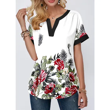 Plus Size 5XL Puloveriai shirt Spausdinti Nėrinių Sudurti Moterų Viršūnės V-kaklo Prarasti 2020 Atsitiktinis Vasaros Moterų Tee Marškinėliai