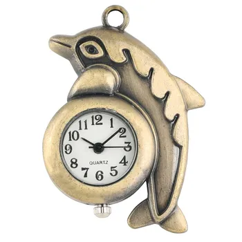 Prabangus Retro Bronza delfinų Dizaino Kūrybos Mini Kvarco Kišeninio Laikrodžio su Pakabuku, Karoliai Megztinis Grandinės