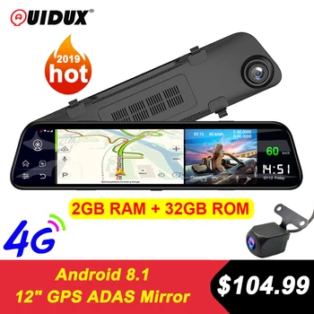 QUIDUX 12 Colių galinio vaizdo veidrodis, automobilių kameros 4G Android 8.1 GPS Navigacija, 2GB RAM, 32GB ROM ADAS FHD 1080P brūkšnys kamera vaizdo įrašymas