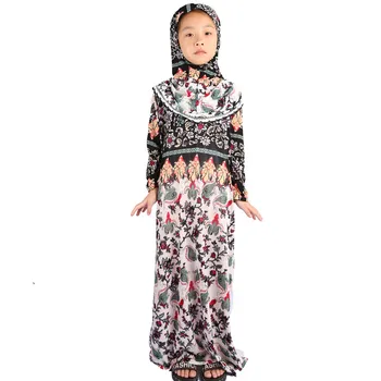 Ramadanas Musulmonų Mergaitės Abaja Suknelė Vaikai Gėlių Jilbab Skraiste su Hijab Islamo Drabužių Maroko Kaftan Vaikams, Suknelės, Vestidos