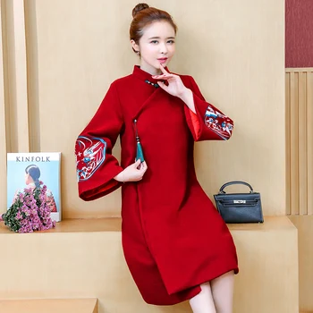 Raudona Cheongsam Suknelė Rudens Žiemos Kinijos Retro Stiliaus Elegantiškas Modernus Qipao Suknelė 2020 Moterys Naujųjų Metų Plus Size 5Xl Qipao Suknelė