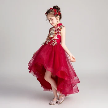 Raudonos Nėrinių Mergina Dress Vaikai Mergina Šalis Princesė Chalatai Appliques Gėlių mergaičių Suknelės, Vestuvių Vaikai Mergina Pirmos Komunijos Suknelė