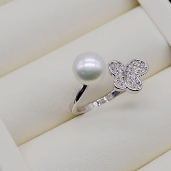 Romantiška Drugelis Žiedas, 8-9mm Natūralių Gėlavandenių Perlų, Sidabro, Cirkonis, Reguliuojamas, Perlų Žiedas