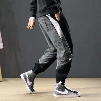 Rudens Mados Streetwear Vyrų Džinsai Spliced Dizaineris Multi Kišenės Haremas Džinsai Vyrams Krovinių Kelnės Korėjos Hip Hip Jogger Homme Džinsų