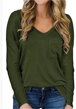 Rudenį vientisos spalvos V-kaklo marškinėliai Moterims prarasti atsitiktinis ilgomis rankovėmis kišenėje puloveris Viršūnes Moteris Street Patogiai Modalinis Marškinėlius