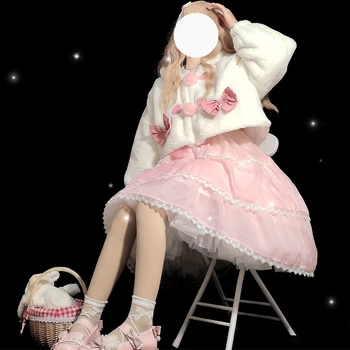 Rudenį, Žiemą Japonijos Minkštas Merginos Triušio Ausis Gobtuvu Lolita Paltai Moterims, Saldus, Šiltas Trumpi Švarkai Kawaii Lankas Pliušinis Kamuolys Outwear