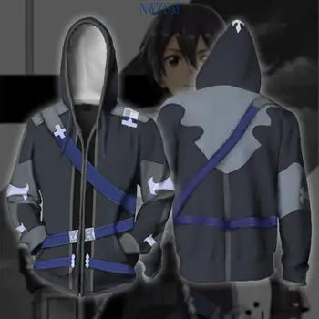 SAN Kardas Meno Internete Kirito Asuna Cosplay Kostiumų Zip-Up 3D Hoodies ilgomis Rankovėmis Vyrams Anime Hoodie Negabaritinių Gobtuvu Palaidinukė