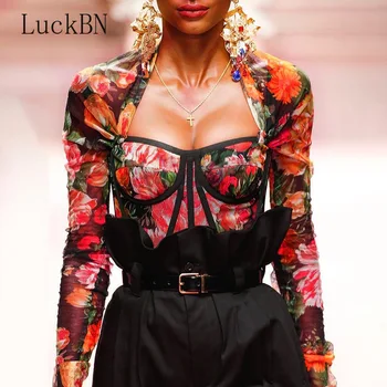 Seksualus Backless Gėlių Spausdinti Palaidinės Moterims Topai Marškinėliai Trumpas Aikštėje Apykaklės Apkarpytos Slim Karšto Streetwear Blusas Mujer De Moda 2020 M.