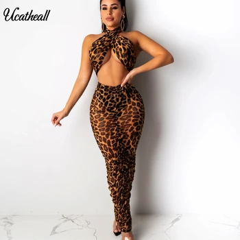 Seksualus Backless Leopard Šalis Suknelė Moterims Spageti Stebėjimo Apynasrio Slim Midi Suknelė Vasarą Ilgai Šalies Klubas Suknelė Vestidos