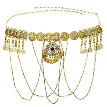 Seksualus Indijos Aukso Metalo Tuščiaviduriai Monetos Ilgai Kutas Pilvo Grandinės Boho Gėlių Šokių Bikini Pilvo Suknelė, Diržas Moterų Monetų Juosmens Grandinės
