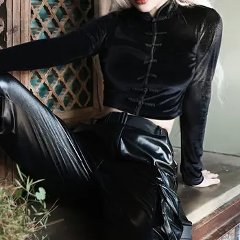 Senovinių Kinų Stiliaus Marškinėliai Moterims Gothic Black Streetwear Punk Mergina Goth Viršūnes Atsitiktinis Hip-Hop Ilgomis Rankovėmis Cheongsam Šortai Viršų