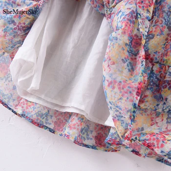 SheMujerSky Moterų Spausdinti Šifono Suknelė ilgomis Rankovėmis Rudenį Raukiniai Mini Suknelė 2020 Tvarstis V-kaklo Suknelės