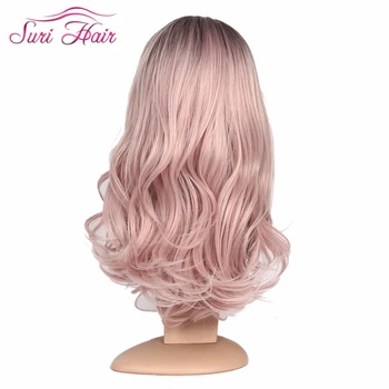 Suri ilgus Plaukus kūno banga ombre rausvos-violetinės perukai 22 cm pusėje dalis Rudos šaknys sintetinis perukas moterų cosplay arba dėvėti kasdien