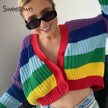 Sweetown Vaivorykštė Juostele Mezgimo 90s susagstomi megztiniai Moterims Preppy Stilius Mielas Kawaii Estetinės Trikotažas Kontrastas Dygsnio Y2K Pasėlių Megztiniai
