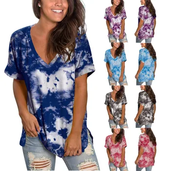 T marškinėliai moterims Mados Plius Dydis Gradiento Spalvos V-Kaklo trumpomis Rankovėmis T-shirt Viršūnes aukštos kokybės vasaros drabužių mujer camisetas#20