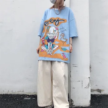 T-shirt Moterims, 2021 M. Vasarą Cartoon Meilę Mergina Grafiti Hip-Hop Tshirts Street Punk Laisvi O-kaklo Studentų Trumpas Pusė Rankovės Viršų