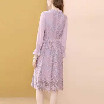 TIK PLIUS prancūzijos Derliaus ilgomis Rankovėmis Nėrinių Suknelė Moterims Pavasario Temperamentas Violetinės A-Line Dresses Kratinys Tuščiaviduriai Iš Vestidos