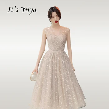 Tai Yiyya Promenadzie Suknelė Elegantiškas V-kaklo Šviečia Trumpas Vestidos De Gala Klostyti China Plius Dydis Moterų vakarėlis Suknelės E723