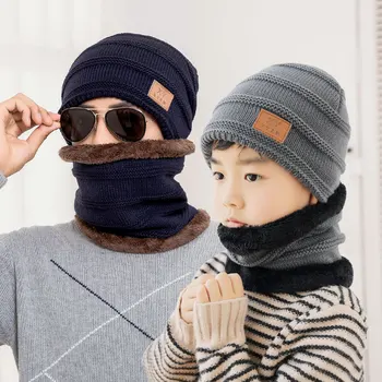 Tėvų-vaikų skrybėlę, šaliką dviejų dalių žiemą laikyti šiltai megzti vilnos Beanies vyrų Kaukolės bžūp vaikas Pliušinis tirštėti lauko coldproof dviračiu