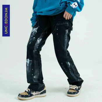 UNCLEDONJM Grafiti Kontrasto Spalvų Siūlėmis Jeans vyriški dizaineris džinsus vyrams aukštos kokybės Nelaimę Flare Kelnės ED-ED948
