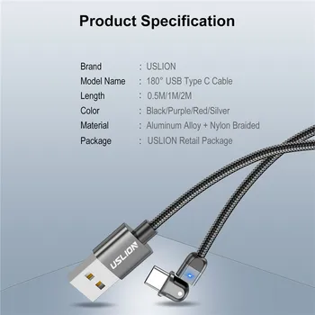 USLION 180 Laipsnių Sukimosi LED USB C Kabelį, Tipas C, Greito Įkrovimo 3A Greito Įkroviklio Laidą XiaoMi 