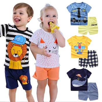 Vaikams vaikiška berniukas vasaros drabužių Animacinių filmų dryžuotas marškinėliai +Kelnės Baby girl apranga Kūdikių Sporto Kostiumai tracksuit vaikų drabužiai