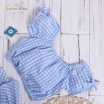 Vasaros Bamblys Baby Girl Dress Dangaus Mėlynos spalvos Pledas Spausdinti 2vnt Išjungti Peties Viršūnės Sijonas 2 Sluoksnių Saldus Apranga 0-4Year Kostiumas
