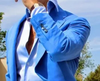 Vasaros Stilius pagal Užsakymą Pagaminti Royal Blue Coat Balta Ziajać Kostiumas, Švarkas Vyrams Užsakymą Smokingas Mens Vestuvių Kostiumai 2Pieces(Striukė+Ziajać)