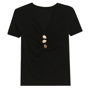 Vasarą Europos Drabužius T-shirt Mados Seksualus Raukšlės V-Kaklo, Mygtuką, Moterų Topai Ropa Mujer Medvilnės trumpomis Rankovėmis Tees 2020 Naujas T04603