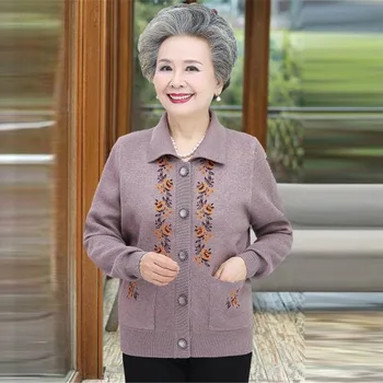 Vidutinio amžiaus moteris rudenį megztiniai atvartas cardigan megztinis kailis spausdinti žmona pavasario rudens drabužių močiutė moterų plius dydžio megztinį