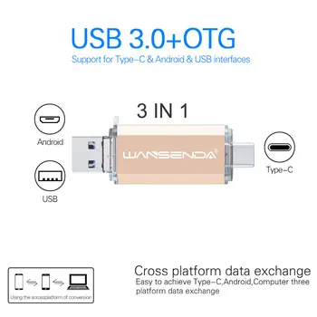 WANSENDA OTG 3 in 1 USB 3.0 Flash Drive Type-C USB Stick Pendrive 32GB 64GB 128GB 256 GB 512 GB Pen Ratai, skirta 