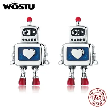 WOSTU Naujas Mados 925 Sterling Silver Blue Širdies Robotas Stud Auskarai Moterims Originalus Mielas Juvelyriniai dirbiniai Didmeninė Dovana FIE477