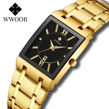 WWOOR Luxury Gold Black Žiūrėti Moterų Mados Aikštė Kvarco Žiūrėti Ponios Suknelė Rankiniai Laikrodžiai Top Brand Sporto Laikrodis reloj mujer
