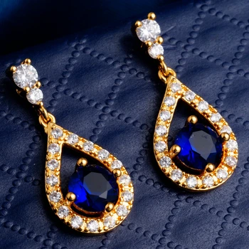 Yunkingdom mados kristalai vandens lašas auskarai moterims, mėlyna kubinis cirkonis aukso spalvos papuošalai