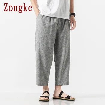 Zongke Kulkšnies Ilgis Lino Kelnės Vyrams Japonijos Streetwear Vyrų Poilsiu Sweatpants Kelnės Vyrams Kelnes Harajuku Hip-Hop 2021 M. Pavasarį