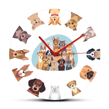 Įvairių Šunų Veislių Sėdi ir Žiūri Puppy, Pet Akrilo Atspausdinta Sieninis Laikrodis Ratas Įvairių Grynaveislių Šunų Piktogramą Sienos Žiūrėti