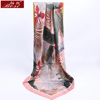 Šilko Satino Skara Moterų Lapų spausdinimo didelis Aikštėje Skara hijab Bohemijos Mados Pavasario Šalikai Elegantiškas 90*90cm foulard nemokamas pristatymas