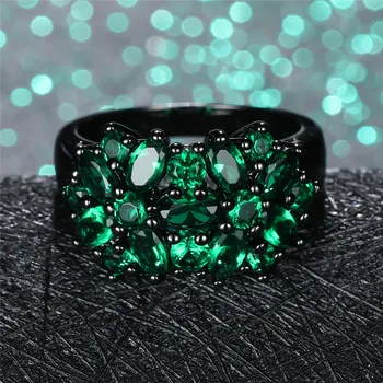 Žavesio Moterų Green Crystal Gėlės Žiedas Prabanga 14KT Juodojo Aukso Vestuvinis Žiedas Derliaus Cirkonis Vestuvių Juostoje Dideli Žiedai Moterims