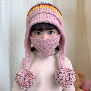 Žiemos Kūdikis, šiltas megzti vilnos kepurė vaikams tirštėti pliušinis kamuolys skrybėlę berniukas mergaitė kepuraitė skullies Harajuku balaclava mados kaukę, kepurę rinkinys